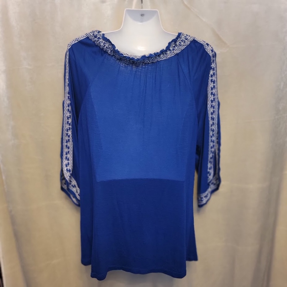 INC Blue Embroidered Cold-Shoulder Top with Open Bell Sleeves - Sz. XL - Picture 6 of 10